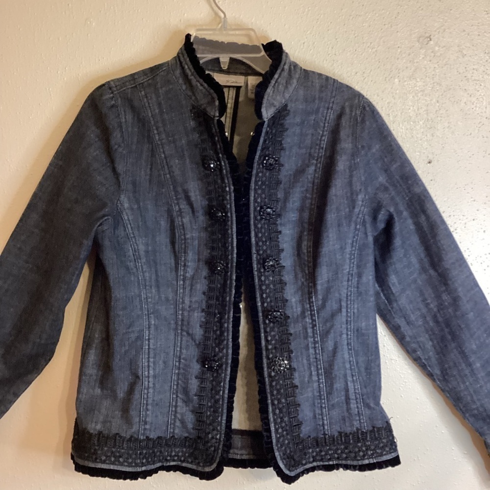 Chico’s Platinum Dark Denim Jacket Size 2